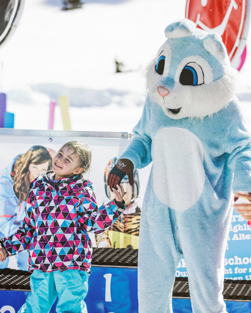 Dancing with mascot Snowy, the snow hare